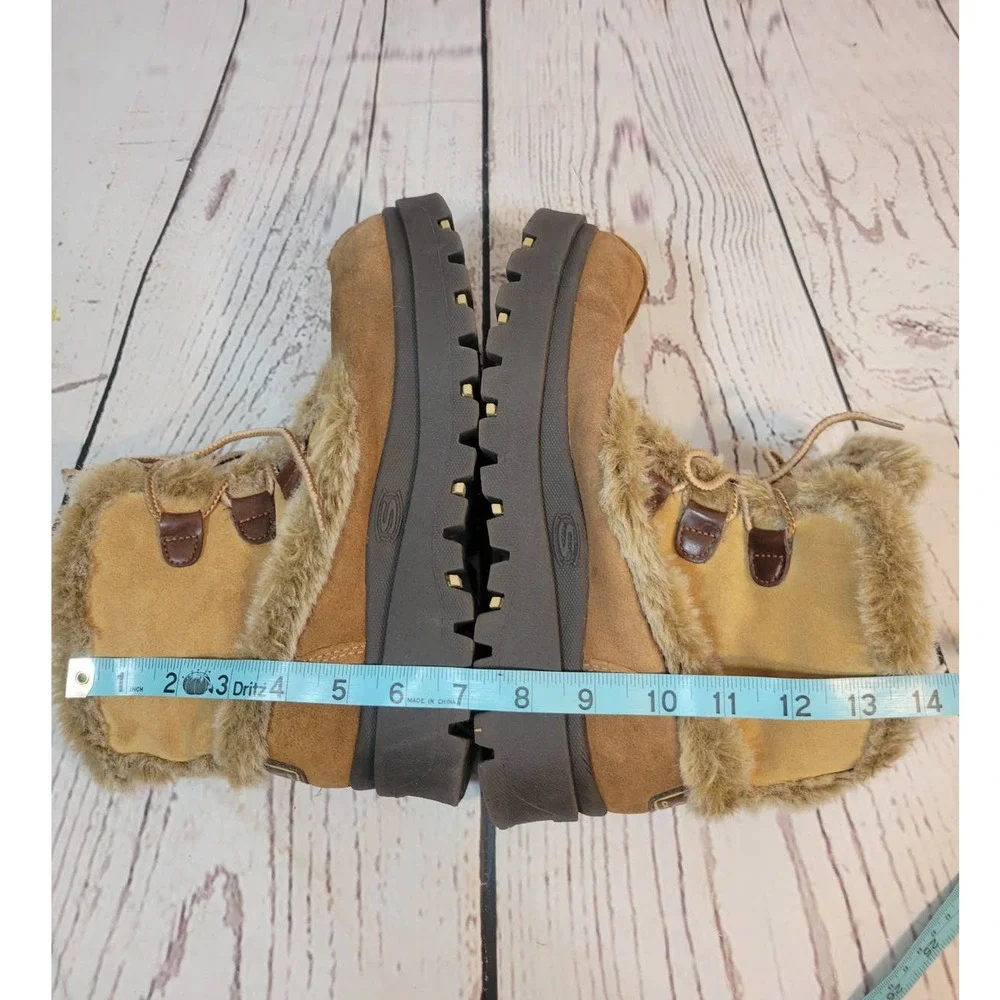 Skechers Booties Chestnut Leather Faux Fur Lace Up Winter Boots Women's 8.5